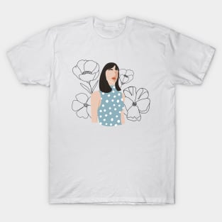 Fashion collage with abstract woman portrait and continuous flowers. Mid century Silhouette. T-Shirt